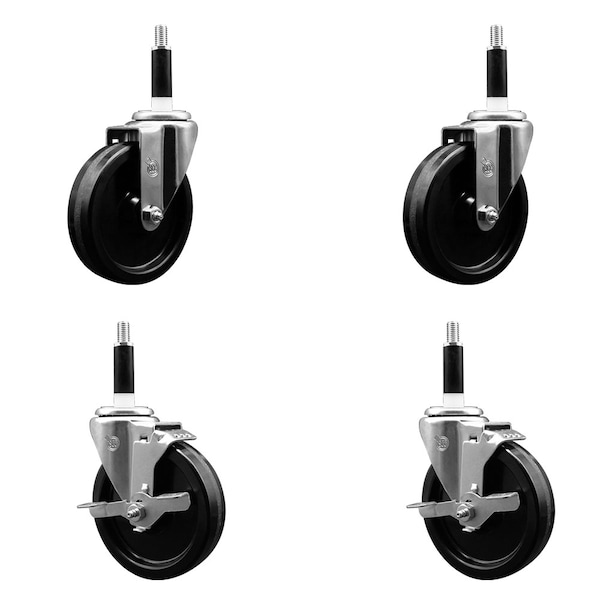 5'' SS Phenolic Wheel Swivel 7/8'' Expand Stem Caster Set 2 Brakes, 4PK